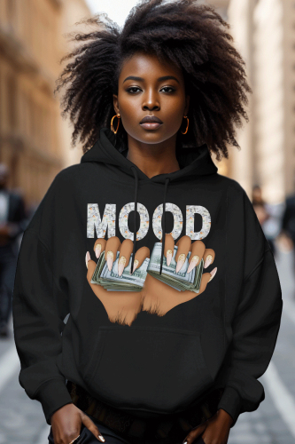 Dark Khaki Graphics Print Long Sleeve Draw String Street Fall Winter Hooded Sweatshirt