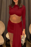 Red O Neck Long Sleeve Crop Tops And Ruched Sash Mini Skirt Formal Evening Party Prom Two Pieces Dress Sets