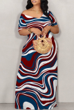 Rose Geometric Print O Neck Short Sleeve Floor Length Casual Outing Plus Size Straight Loose Maxi Dress