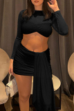 Red O Neck Long Sleeve Crop Tops And Ruched Sash Mini Skirt Formal Evening Party Prom Two Pieces Dress Sets