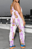 White Purple Cartoon Print Backless Spaghetti Strap Vacation Casual Loose Harem Cami Jumpsuits