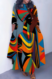 Dark Gray African Girl Print O Neck 3/4 Sleeve Belted Waist Casual Outing Plus Size Straight Loose Maxi Dresses