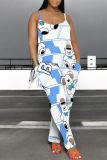 White Purple Cartoon Print Backless Spaghetti Strap Vacation Casual Loose Harem Cami Jumpsuits