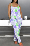 Dark Purple Floral Print Backless Spaghetti Strap Vacation Casual Loose Harem Cami Jumpsuits