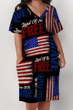 Blue Red American Flag Graffiti Stripe Print V Neck Short Sleeve Pocket Plus Size Loose T Shirt Midi Dress