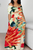Purple Floral Graffiti Print V Neck Short Sleeve Floor Length Casual Outing Plus Size Straight Loose Maxi Dress