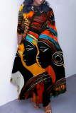 Black Orange African Girl Print O Neck 3/4 Sleeve Belted Waist Casual Outing Plus Size Straight Loose Maxi Dresses