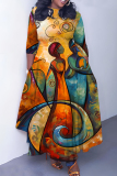 Black Orange African Girl Print O Neck 3/4 Sleeve Belted Waist Casual Outing Plus Size Straight Loose Maxi Dresses