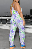 Dark Purple Floral Print Backless Spaghetti Strap Vacation Casual Loose Harem Cami Jumpsuits