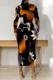 Orange Black Lips Flowers Geometric Print O Neck Long Sleeve Long Casual Outing Bodycon Maxi Dress