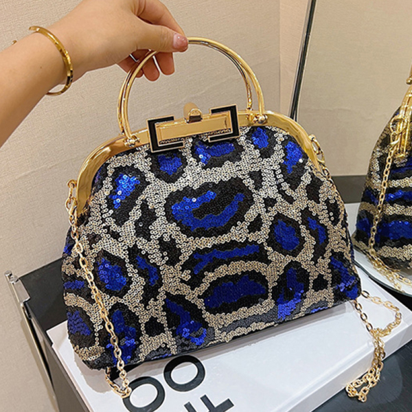 Rose Red Leopard Print Sequins Metal Buckle Shoulder Bag Chain Bag