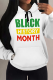 White Letter Print Long Sleeve Draw String Pocket Casual Fall Winter Hooded Sweatshirt