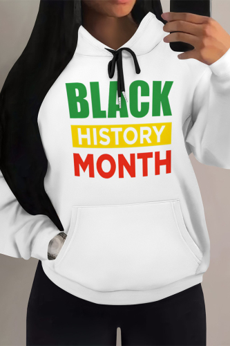 White Letter Print Long Sleeve Draw String Pocket Casual Fall Winter Hooded Sweatshirt