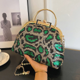 Rose Red Leopard Print Sequins Metal Buckle Shoulder Bag Chain Bag