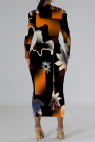 Orange Black Lips Flowers Geometric Print O Neck Long Sleeve Long Casual Outing Bodycon Maxi Dress