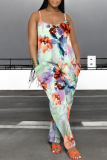 Dark Purple Floral Print Backless Spaghetti Strap Vacation Casual Loose Harem Cami Jumpsuits