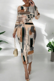 Orange Black Lips Flowers Geometric Print O Neck Long Sleeve Long Casual Outing Bodycon Maxi Dress