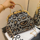 Rose Red Leopard Print Sequins Metal Buckle Shoulder Bag Chain Bag