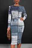 Light Blue Faux Denim Print O Neck Long Sleeve Long Casual Outing Bodycon Maxi Dress