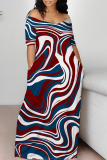 Rose Geometric Print O Neck Short Sleeve Floor Length Casual Outing Plus Size Straight Loose Maxi Dress
