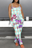 White Purple Cartoon Print Backless Spaghetti Strap Vacation Casual Loose Harem Cami Jumpsuits
