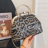 Rose Red Leopard Print Sequins Metal Buckle Shoulder Bag Chain Bag