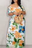 Purple Floral Graffiti Print V Neck Short Sleeve Floor Length Casual Outing Plus Size Straight Loose Maxi Dress