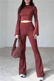 Brick Red O Neck Long Sleeve Crop Tops And Flare Leg Pants Casual Sportwear Two Pieces Trouser Sets