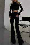 Brick Red O Neck Long Sleeve Crop Tops And Flare Leg Pants Casual Sportwear Two Pieces Trouser Sets