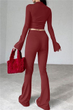 Brick Red O Neck Long Sleeve Crop Tops And Flare Leg Pants Casual Sportwear Two Pieces Trouser Sets
