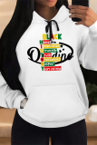 White Letter Print Long Sleeve Draw String Pocket Casual Fall Winter Hooded Sweatshirt