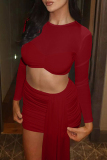 Red O Neck Long Sleeve Crop Tops And Ruched Sash Mini Skirt Formal Evening Party Prom Two Pieces Dress Sets