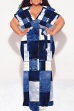White Blue Faux Denim Print V Neck Short Sleeve Lace Up Floor Length Plus Size Bodycon Maxi Dresses