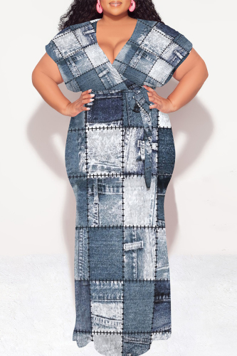 White Blue Faux Denim Print V Neck Short Sleeve Lace Up Floor Length Plus Size Bodycon Maxi Dresses