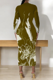 Orange Black Lips Flowers Geometric Print O Neck Long Sleeve Long Casual Outing Bodycon Maxi Dress