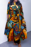 Black Orange African Girl Print O Neck 3/4 Sleeve Belted Waist Casual Outing Plus Size Straight Loose Maxi Dresses