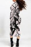 Dark Purple Flowers Geometric Print Half A Turtleneck Long Sleeve Casual Street Bodycon Maxi Dress