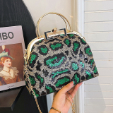 Rose Red Leopard Print Sequins Metal Buckle Shoulder Bag Chain Bag