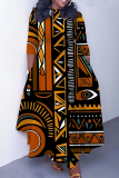 Black Orange African Girl Print O Neck 3/4 Sleeve Belted Waist Casual Outing Plus Size Straight Loose Maxi Dresses