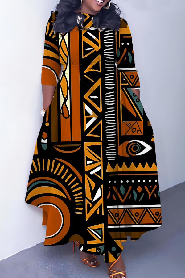 Black Orange African Girl Print O Neck 3/4 Sleeve Belted Waist Casual Outing Plus Size Straight Loose Maxi Dresses