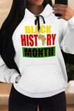 White Letter Print Long Sleeve Draw String Pocket Casual Fall Winter Hooded Sweatshirt