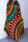 Black Orange African Girl Print O Neck 3/4 Sleeve Belted Waist Casual Outing Plus Size Straight Loose Maxi Dresses