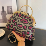 Rose Red Leopard Print Sequins Metal Buckle Shoulder Bag Chain Bag