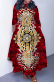 Dark Green Graphics Print O Neck 3/4 Sleeve Belted Waist Casual Outing Plus Size Straight Loose Maxi Dresses