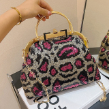 Rose Red Leopard Print Sequins Metal Buckle Shoulder Bag Chain Bag