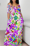 Purple Floral Graffiti Print V Neck Short Sleeve Floor Length Casual Outing Plus Size Straight Loose Maxi Dress