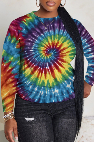 Blue Purple Casual Tie Dye Print O Neck Long Sleeve Fall Winter Sweatshirt