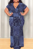 White Blue Faux Denim Print V Neck Short Sleeve Lace Up Floor Length Plus Size Bodycon Maxi Dresses