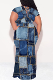 White Blue Faux Denim Print V Neck Short Sleeve Lace Up Floor Length Plus Size Bodycon Maxi Dresses