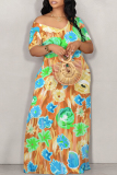 Purple Floral Graffiti Print V Neck Short Sleeve Floor Length Casual Outing Plus Size Straight Loose Maxi Dress